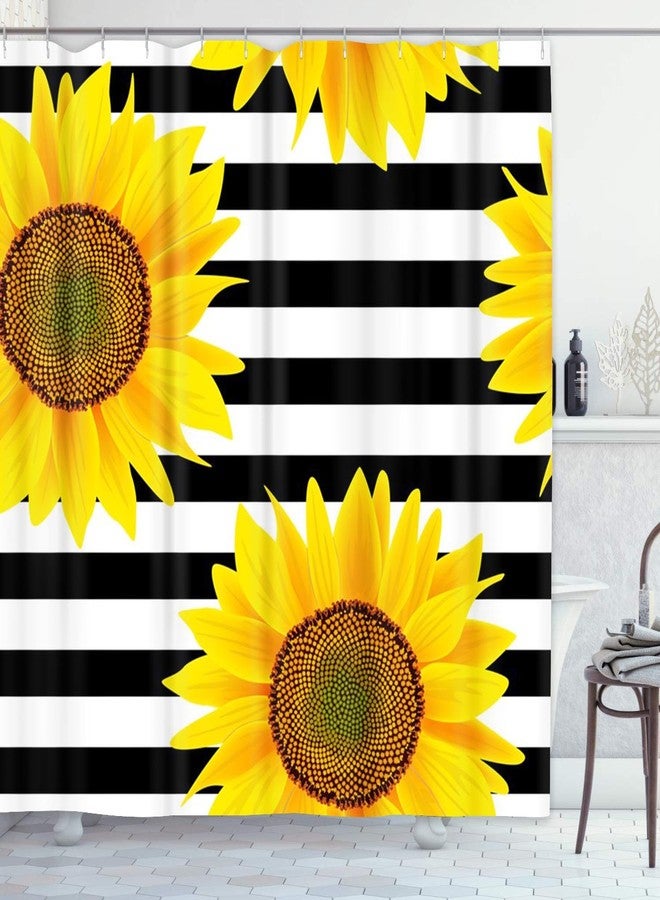 Emvency Shower Curtain Bright Sunflowers Striped Black and White Pattern Yellow Sun Flowers Print Home Decor Waterproof Polyester Fabric 72 x 72 inches Set with Hooks - Image 1