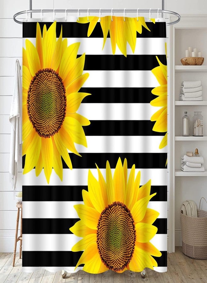 Emvency Shower Curtain Bright Sunflowers Striped Black and White Pattern Yellow Sun Flowers Print Home Decor Waterproof Polyester Fabric 72 x 72 inches Set with Hooks - Image 5