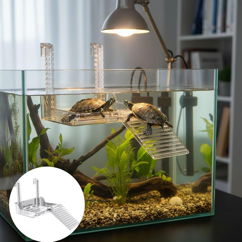 Turtle Basking Platform with Adjustable Ramp and Feeding Trays for Indoor Aquariums and Semi-Aquatic Habitats - Image 3