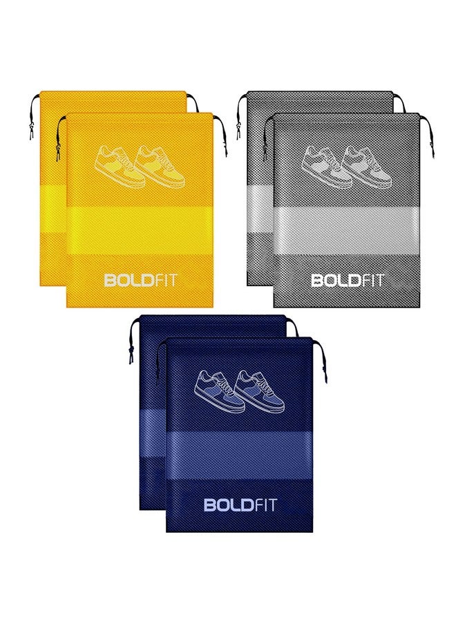 BOLDFIT Boldfit Shoe Bag for Travel & Storage Travel Organizer for Women & Men Travel Accessories Shoe Organizer Shoe Bags Pouches Travel Shoe Cover, Essentials - Pack of 6 Shoe Pouch (Blue, Yellow, Grey) - Image 1