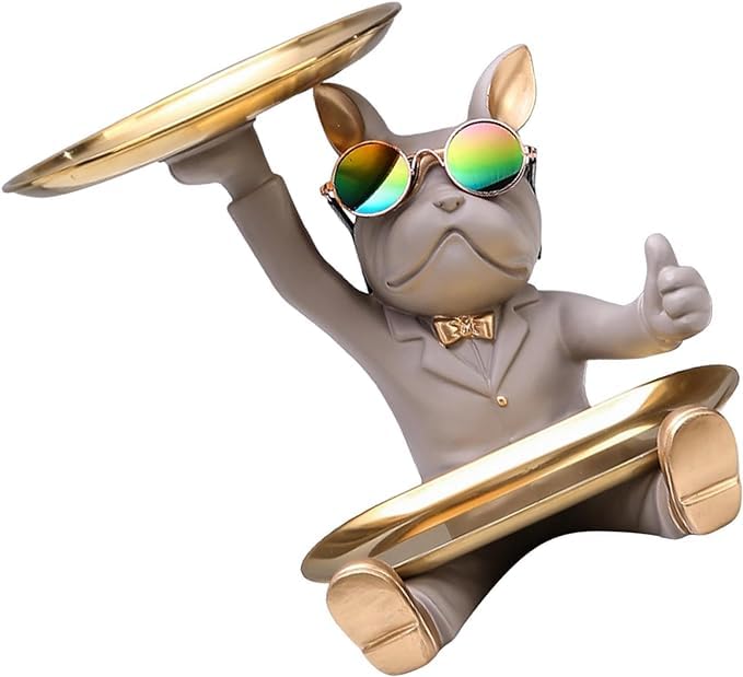 Brikipth Brikipth Statues French Bulldog Ornaments Resin French Bulldog Decor Tray Bulldog Key Storage Tray Cool Dog Sculpture for Decorative Home Accessories Grey - Image 2