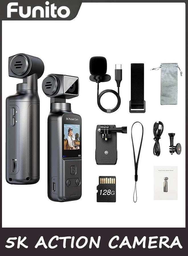 Funito 5K Action Camera,Body Camera with Microphone, Vlogging Camera, 5K/15FPS and 4K/60FPS with 270° Rotating Lens, External Mic Support, Clip/Strap Options, EIS Stabilization for Meeting,Daily Use (128GB) - Image 1