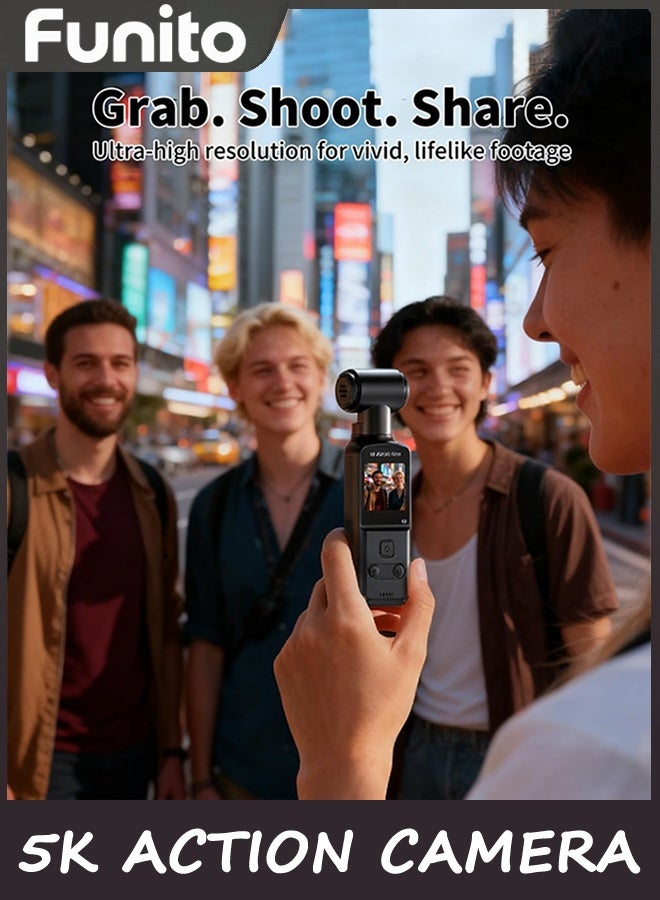 Funito 5K Action Camera,Body Camera with Microphone, Vlogging Camera, 5K/15FPS and 4K/60FPS with 270° Rotating Lens, External Mic Support, Clip/Strap Options, EIS Stabilization for Meeting,Daily Use (128GB) - Image 4