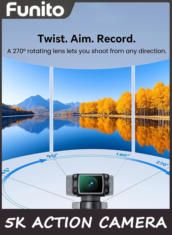 Funito 5K Action Camera,Body Camera with Microphone, Vlogging Camera, 5K/15FPS and 4K/60FPS with 270° Rotating Lens, External Mic Support, Clip/Strap Options, EIS Stabilization for Meeting,Daily Use (128GB) - Image 3