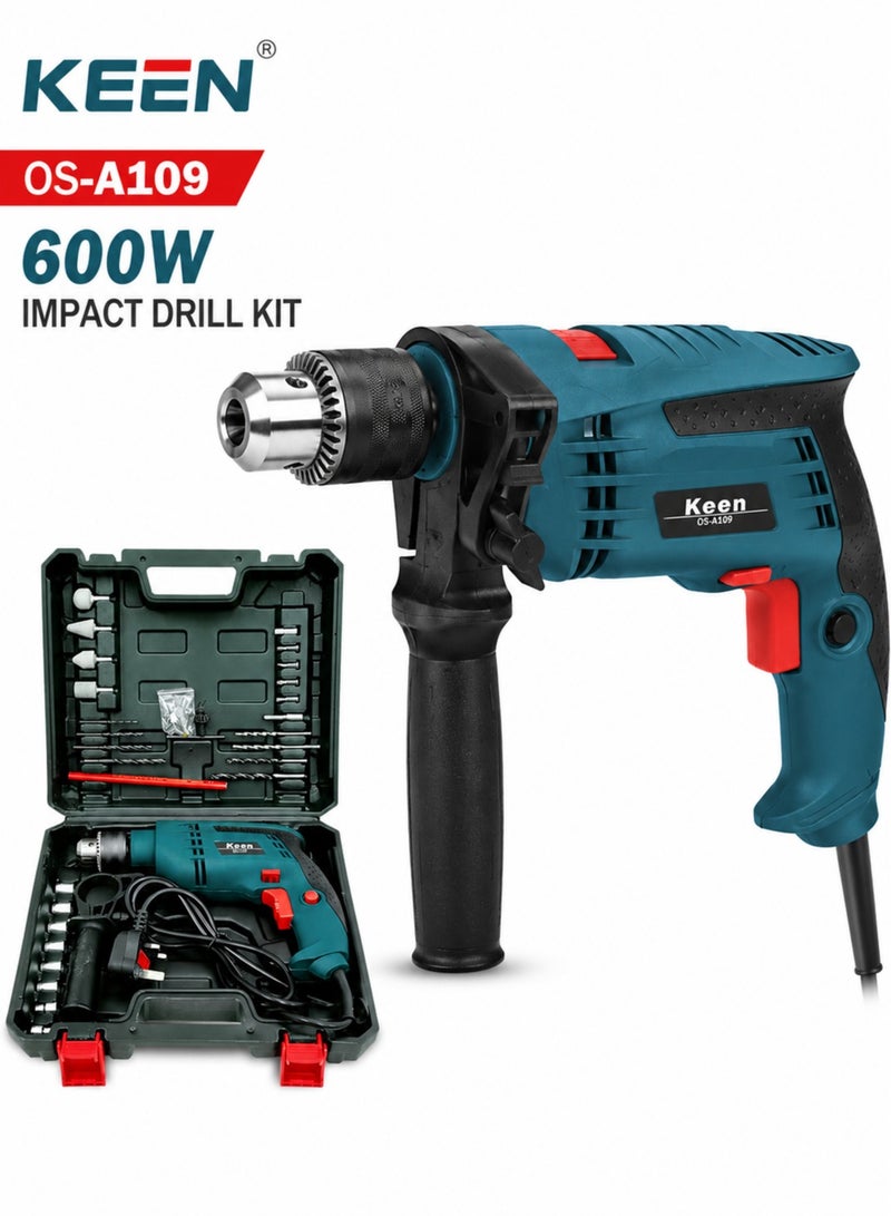 KEEN OS-A109 600W Electric Impact Drill Kit, 29 Piece Tool Set, Variable Speed Forward Reverse, Hammer Drill with Auxiliary Handle, Keyed Chuck, Carry Case, DIY Home Repair, Wood Metal Masonry Drilling, Power Tool Set for DIY Home Workshop Jobs - Image 1