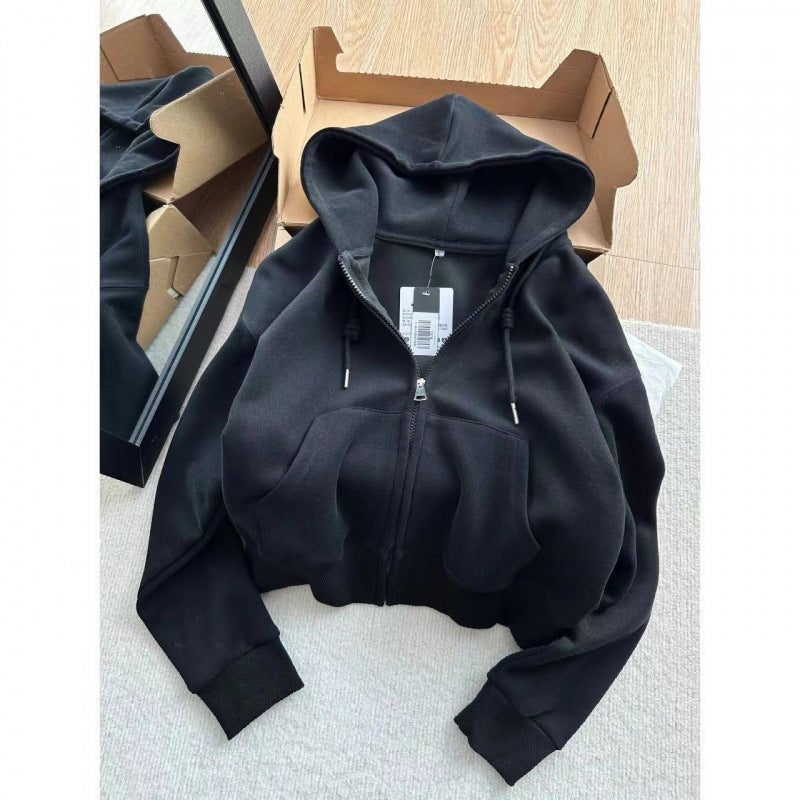 Shown White Milk Milk Gas Korean Wear Short Sweatshirt Coat Womens Hooded Sweatshirt Thin Zipper Cardigan Outer Wear Black [autumn and winter fleece-lined]]
