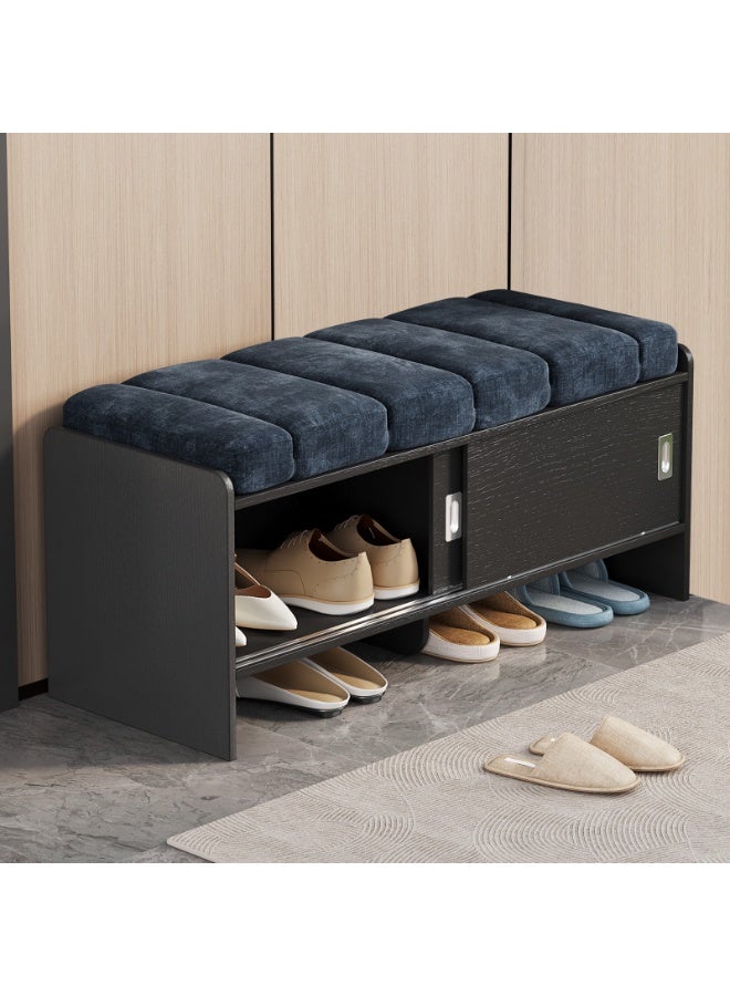 مقعد تخزين أحذية Shoe Storage Bench、لوح MDF ميلامين بنقشة خشب أسود + وسادة مخمل أزرق、تحمل 150 كجم、أبواب منزلقة ورف مفتوح、Entryway Shoe Bench للعائلات والشقق、110×42×48 سم、أسود/أزرق、Shoe Bench - Image 1