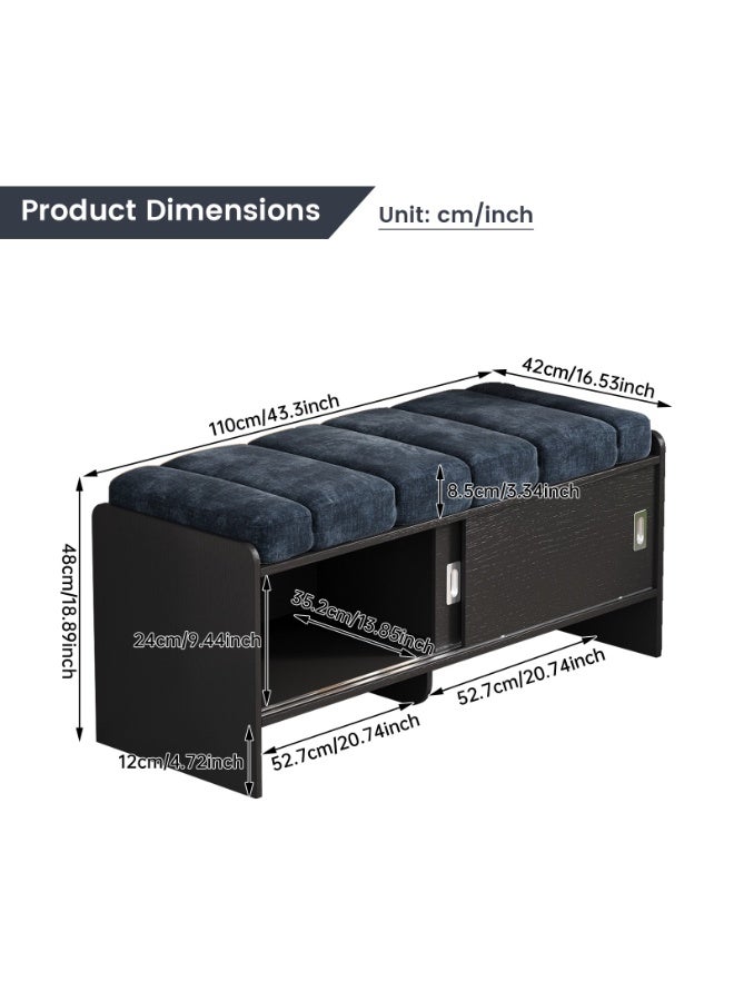 مقعد تخزين أحذية Shoe Storage Bench、لوح MDF ميلامين بنقشة خشب أسود + وسادة مخمل أزرق、تحمل 150 كجم、أبواب منزلقة ورف مفتوح、Entryway Shoe Bench للعائلات والشقق、110×42×48 سم、أسود/أزرق、Shoe Bench - Image 2