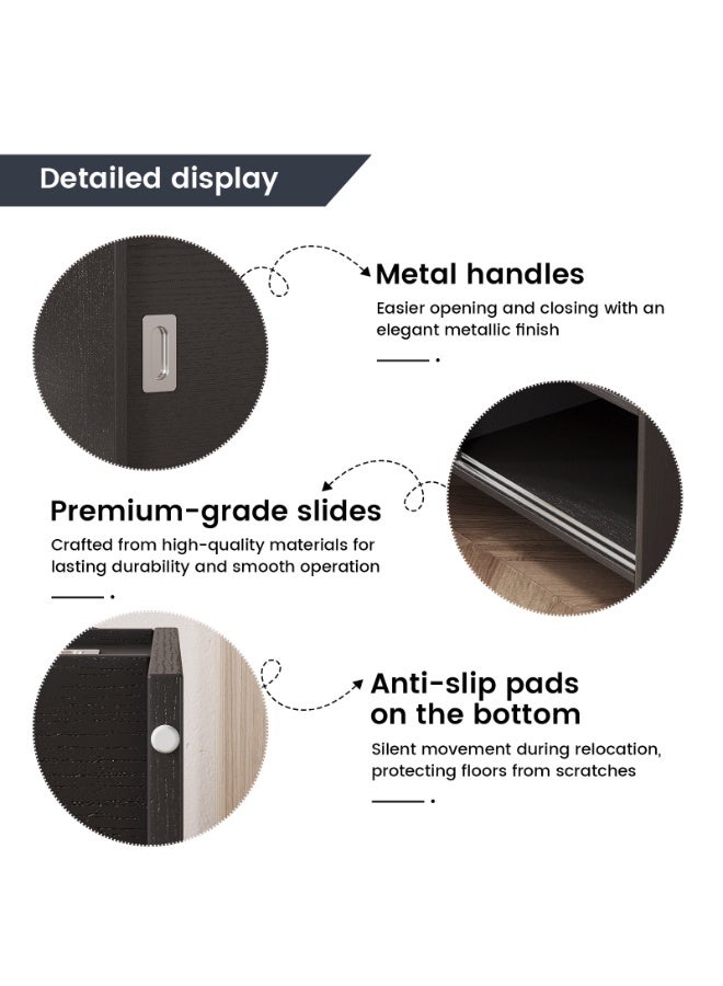 مقعد تخزين أحذية Shoe Storage Bench、لوح MDF ميلامين بنقشة خشب أسود + وسادة مخمل أزرق、تحمل 150 كجم、أبواب منزلقة ورف مفتوح、Entryway Shoe Bench للعائلات والشقق、110×42×48 سم、أسود/أزرق、Shoe Bench - Image 5