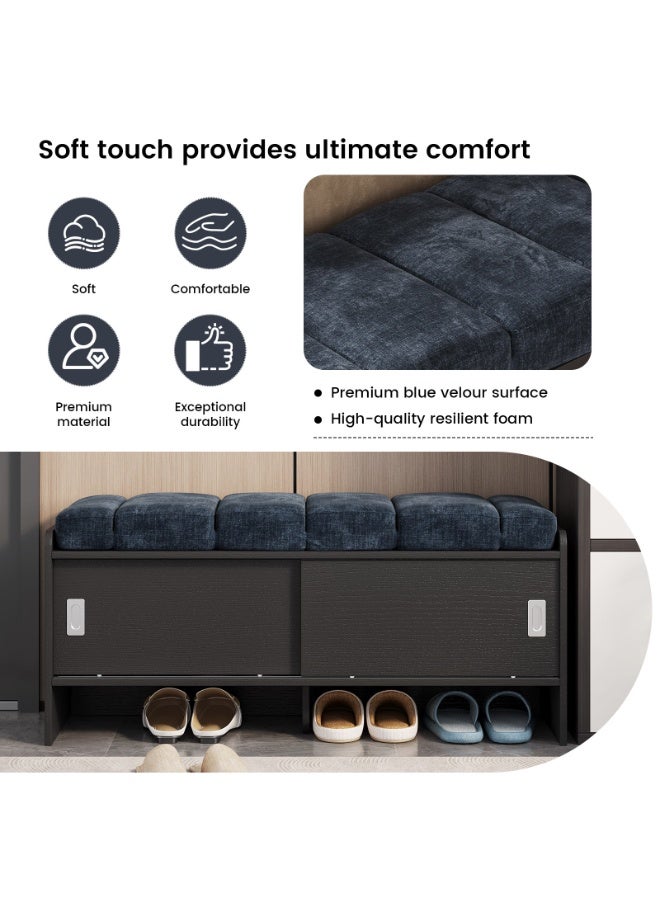 مقعد تخزين أحذية Shoe Storage Bench、لوح MDF ميلامين بنقشة خشب أسود + وسادة مخمل أزرق、تحمل 150 كجم、أبواب منزلقة ورف مفتوح、Entryway Shoe Bench للعائلات والشقق、110×42×48 سم、أسود/أزرق、Shoe Bench - Image 4