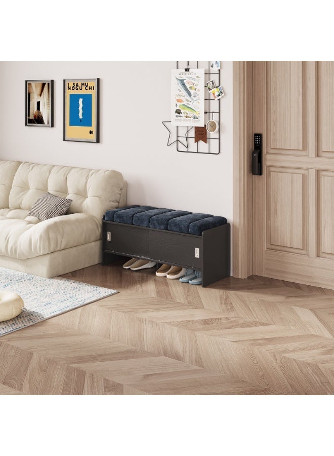 مقعد تخزين أحذية Shoe Storage Bench、لوح MDF ميلامين بنقشة خشب أسود + وسادة مخمل أزرق、تحمل 150 كجم、أبواب منزلقة ورف مفتوح、Entryway Shoe Bench للعائلات والشقق、110×42×48 سم、أسود/أزرق、Shoe Bench - Image 3