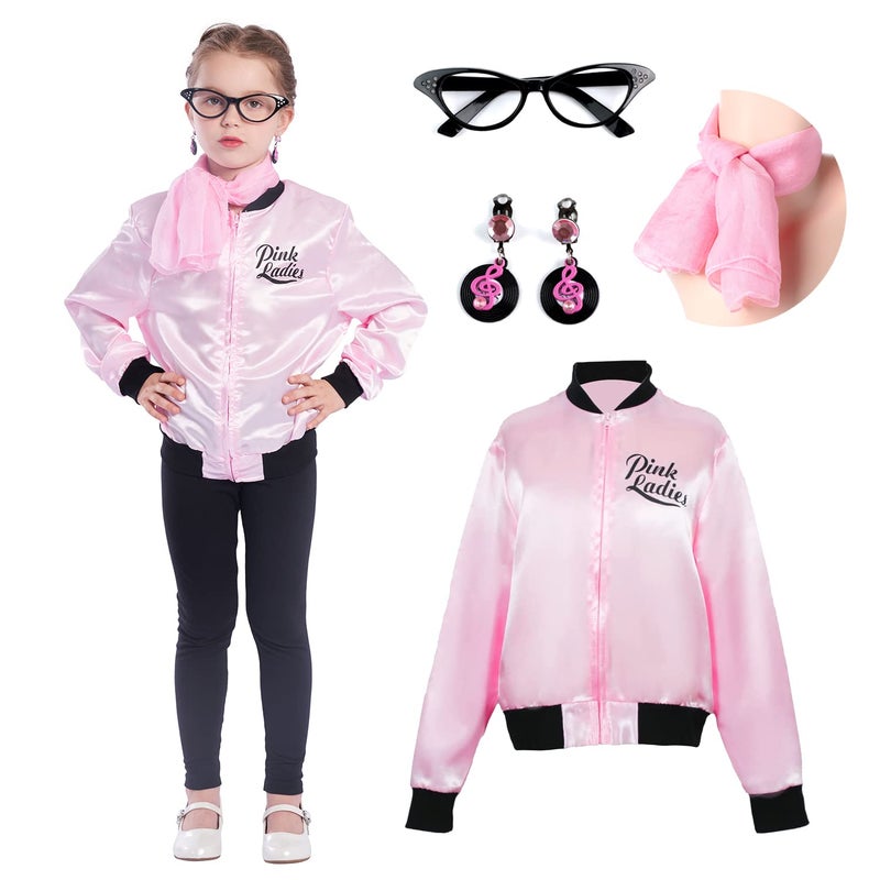 Sincere Party Pink Satin Jacket Back to the 50s Costume for Girls with Glasses,Scarf,Earrings Small(4-6) - Image 4