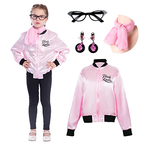 Sincere Party Pink Satin Jacket Back to the 50s Costume for Girls with Glasses,Scarf,Earrings Small(4-6) - Image 1