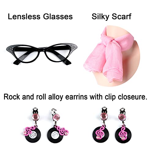 Sincere Party Pink Satin Jacket Back to the 50s Costume for Girls with Glasses,Scarf,Earrings Small(4-6) - Image 2