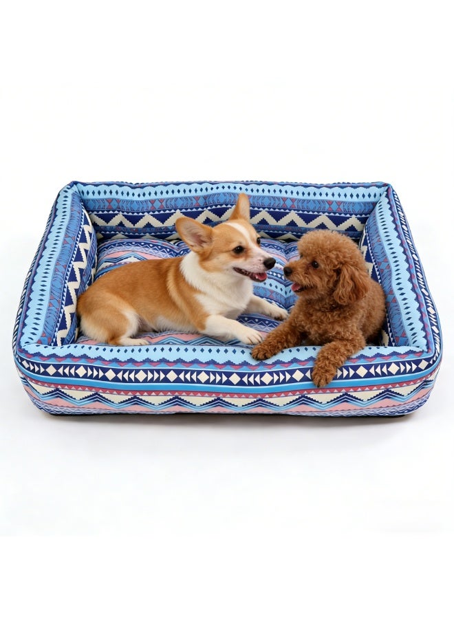 زيشينغ سرير كلاب Zisheng كبير، مناسب للقطط، سرير كلاب كبير، سرير جرو، سرير كلاب صغير، سرير حيوانات أليفة قابل للغسل بنمط بوهيمي مع قاعدة غير قابلة للانزلاق، قطن ناعم ودافئ، 60x50x10 سم (أزرق كبير) - Image 1