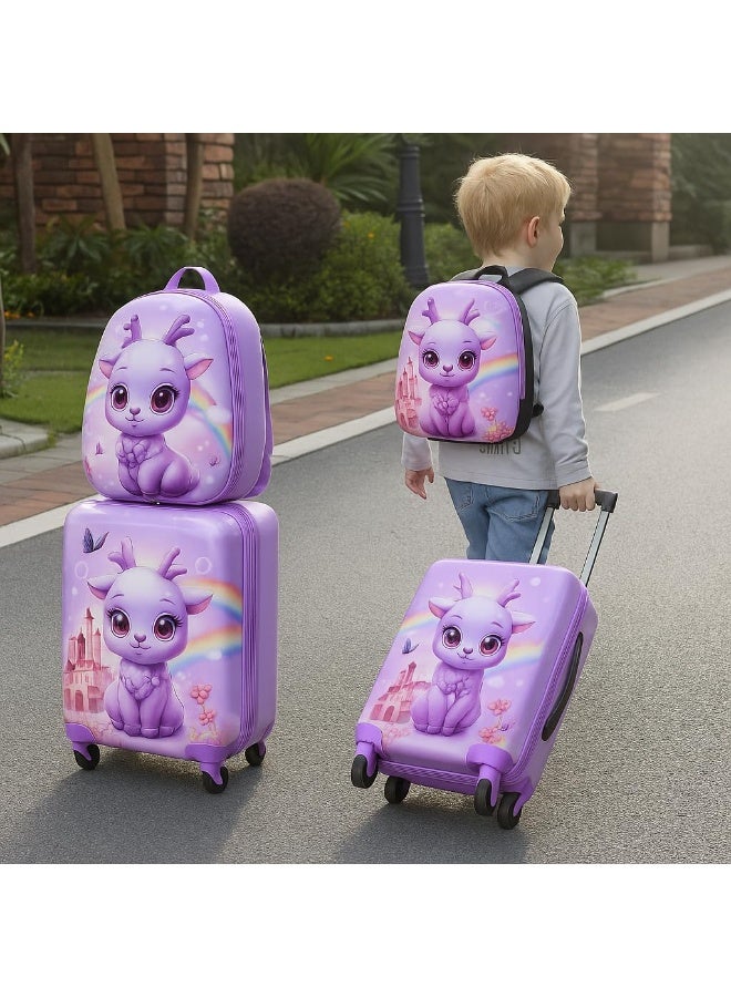 Jorunb Kids Luggage Set With Wheels, Cartoon Kids Backpack Travel Rolling Suitcase Set, Travel Luggage Set for Girls Boys(Purple) - Image 3