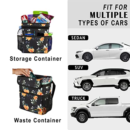 SIBOFUEGO Cute Car Trash Can with Lid – Multipurpose Collapsible Trash Bin for Car, Leak-Proof Organizer, Waterproof Garbage Can with Storage Pockets & Adjustable Straps, 2 Gallons (Flower) - Image 4