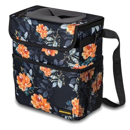 SIBOFUEGO Cute Car Trash Can with Lid – Multipurpose Collapsible Trash Bin for Car, Leak-Proof Organizer, Waterproof Garbage Can with Storage Pockets & Adjustable Straps, 2 Gallons (Flower) - Image 1