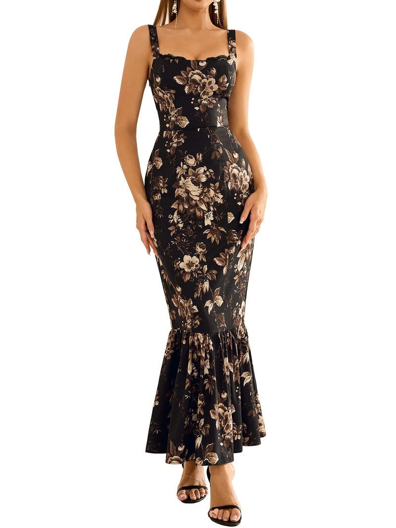 HTZMO Women Casual Summer Floral Maxi Dress Square Neck Boho Wedding Guest Elegant Long Sundress BlackFloral M - Image 1