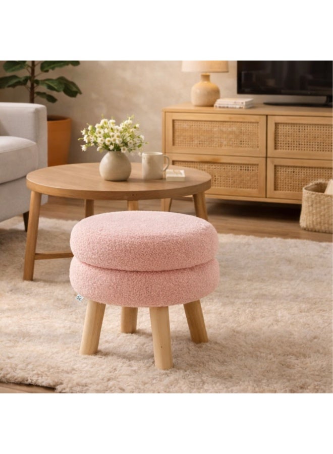 PixelsBeanBag Round Bouclé Fabric Ottoman Seat from PixelsBeanBag, with Wooden Legs, for the Living Room and Bedroom, Light Pink - Image 2