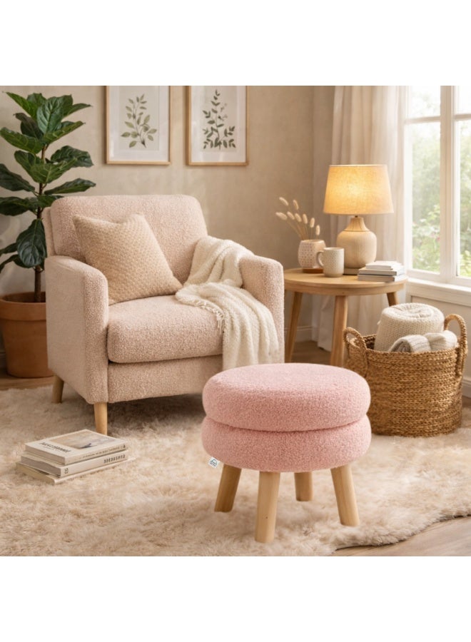 PixelsBeanBag Round Bouclé Fabric Ottoman Seat from PixelsBeanBag, with Wooden Legs, for the Living Room and Bedroom, Light Pink - Image 1