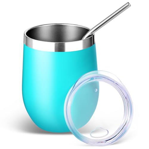 Volhoply 12oz Stainless Steel Wine Tumbler with Lid and StrawDouble Wall Vacuum Insulated Stemless Wine GlassesReusable Travel Coffee Mug for Cold DrinksSmall Tumblers Gifts for WomenGreen1 Set - Image 1