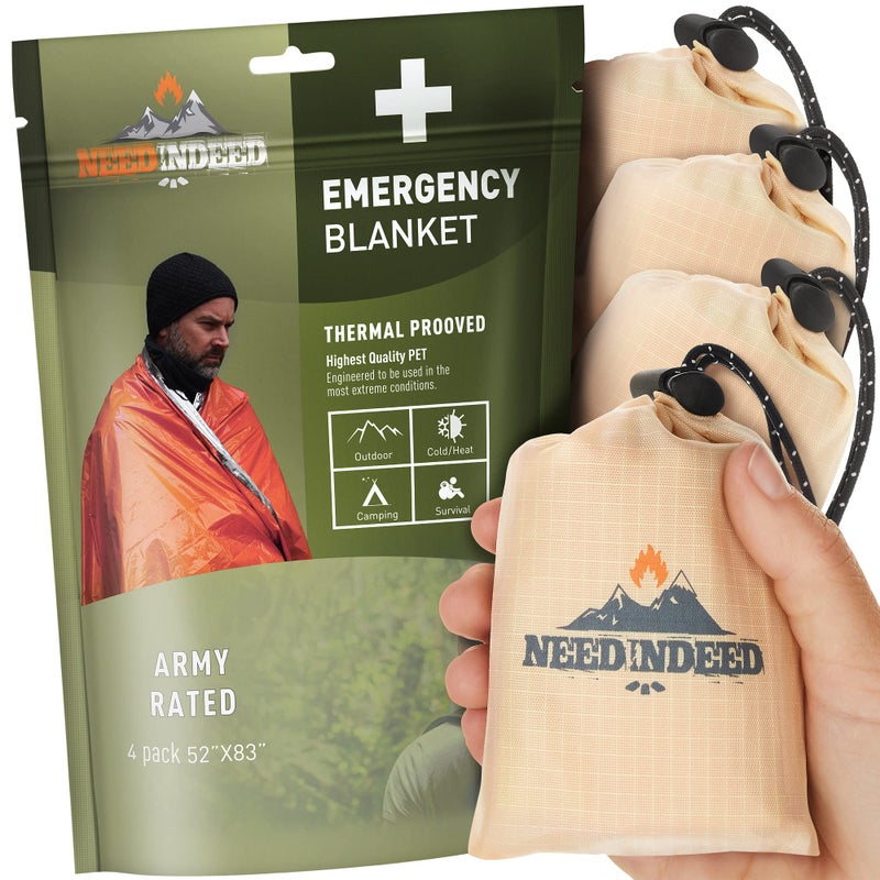 NEEDINDEED 4Pack Emergency Space Blankets 83x52 inches Silver Polyester High Thermal Performance Water Resistant Compact Unisex All Seasons Survival Car Reflective Material Lightweight