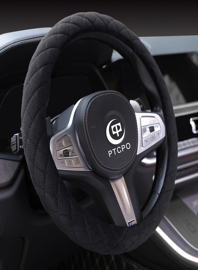 PTCPO Soft Car Steering Wheel Cover for Sedan, SUV, Warm Luxury Velvet, Odorless, Universal, Anti Slip, Summer Winter, Black, Standard Size[14" 1/2-15"](37-38cm) - Image 3