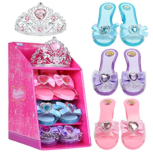 Mastom Girls Play Set! Princess Dress Up Shoes and Tiara (3 Pairs of Shoes + 1 Tiara) Role Play Collection Fashion Princess Shoe for Little Girls - Image 1