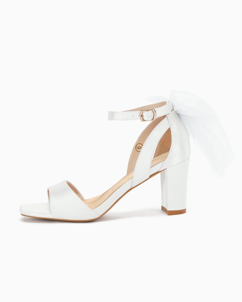 Coutgo Women's Bow Tie Heeled Sandals One Strap Chunky Heel Pumps Satin Ankle Buckle Dress Party Summer Shoes, White, Size 8.5 - Image 5