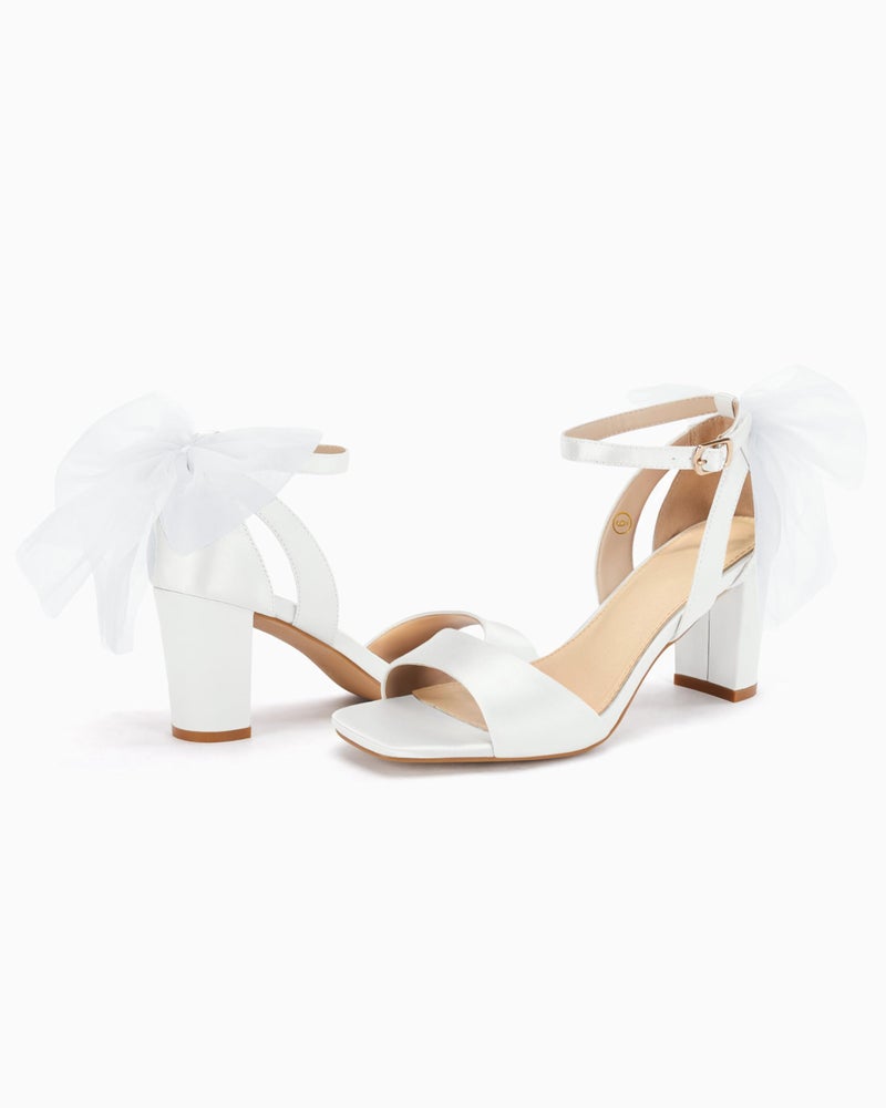 Coutgo Women's Bow Tie Heeled Sandals One Strap Chunky Heel Pumps Satin Ankle Buckle Dress Party Summer Shoes, White, Size 8.5 - Image 4