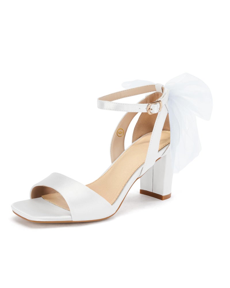 Coutgo Women's Bow Tie Heeled Sandals One Strap Chunky Heel Pumps Satin Ankle Buckle Dress Party Summer Shoes, White, Size 8.5 - Image 1