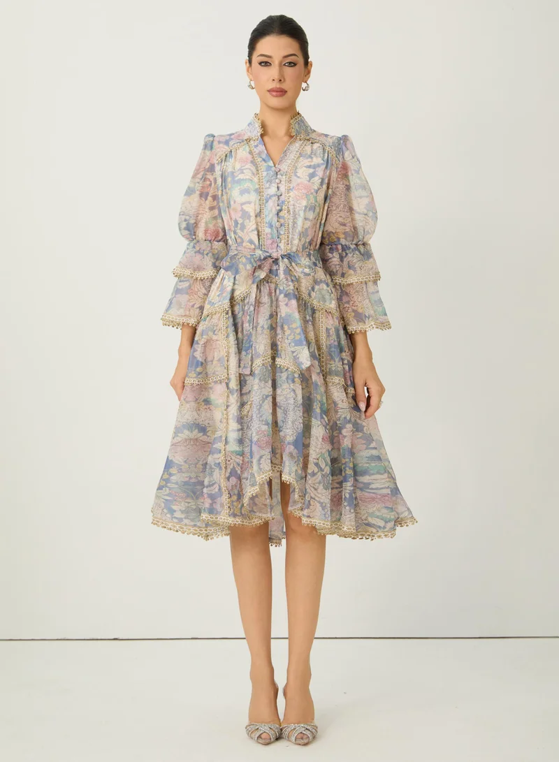 Sunfere Romance That Wows Multi Floral Print Layered Sleeve Midi Dress