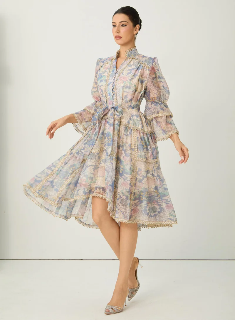 Sunfere Romance That Wows Multi Floral Print Layered Sleeve Midi Dress