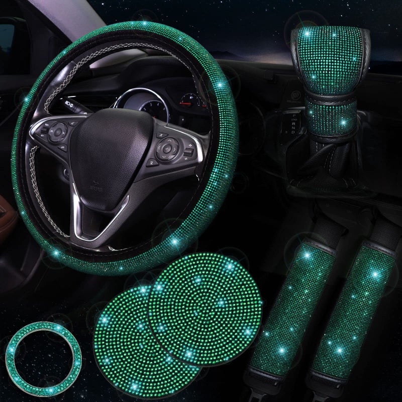 ToBeQueen Steering Wheel Cover Set 15 inch7 Pack Crystal Rhinestone Diamond Bling Green Car Accessories SetSeat Belt Cushion Gear Shifter CoverCar Bling Ring Cup CoasterGreen