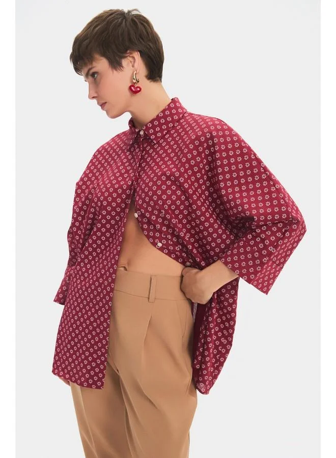 JUNE June Women Exclusive Wide Fit Red Floral Patterned Cotton Shirt Red