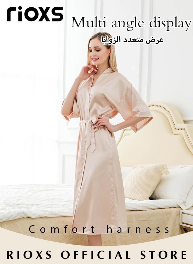 RIOXS Women's Silky Satin Robe with Adjustable Tie and 3/4 Sleeves, Skin-friendly Lightweight Kimono Bathrobe with Knee Length, Stylish Comfortable Sleepwear, Perfect for Wedding Day, Pajamas Party, Daily Life Wear and Spa - Image 5