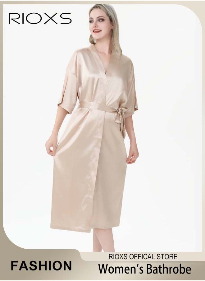 RIOXS - Women's Silky Satin Robe with Adjustable Tie and 3/4 Sleeves, Skin-friendly Lightweight Kimono Bathrobe with Knee Length, Stylish Comfortable Sleepwear, Perfect for Wedding Day, Pajamas Party, Daily Life Wear and Spa - Image 1