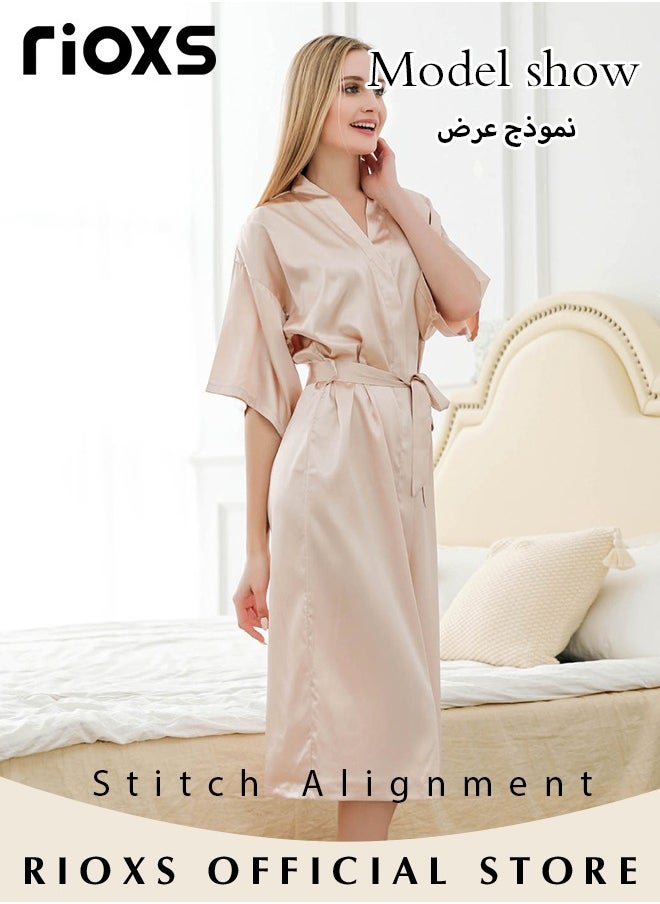 RIOXS - Women's Silky Satin Robe with Adjustable Tie and 3/4 Sleeves, Skin-friendly Lightweight Kimono Bathrobe with Knee Length, Stylish Comfortable Sleepwear, Perfect for Wedding Day, Pajamas Party, Daily Life Wear and Spa - Image 1