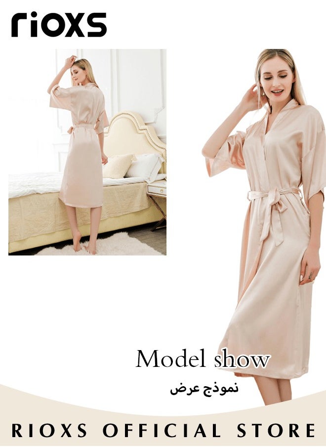 RIOXS - Women's Silky Satin Robe with Adjustable Tie and 3/4 Sleeves, Skin-friendly Lightweight Kimono Bathrobe with Knee Length, Stylish Comfortable Sleepwear, Perfect for Wedding Day, Pajamas Party, Daily Life Wear and Spa - Image 1