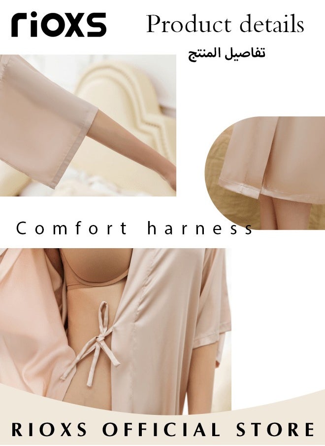 RIOXS - Women's Silky Satin Robe with Adjustable Tie and 3/4 Sleeves, Skin-friendly Lightweight Kimono Bathrobe with Knee Length, Stylish Comfortable Sleepwear, Perfect for Wedding Day, Pajamas Party, Daily Life Wear and Spa - Image 1