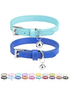 PUPTECK PUPTECK 2 PCS Soft Leather Cat Kitten Collar with Bells Adjustable for Girl Boy Cats Puppy - Pale Turquoise, Navy Blue  - Image 1