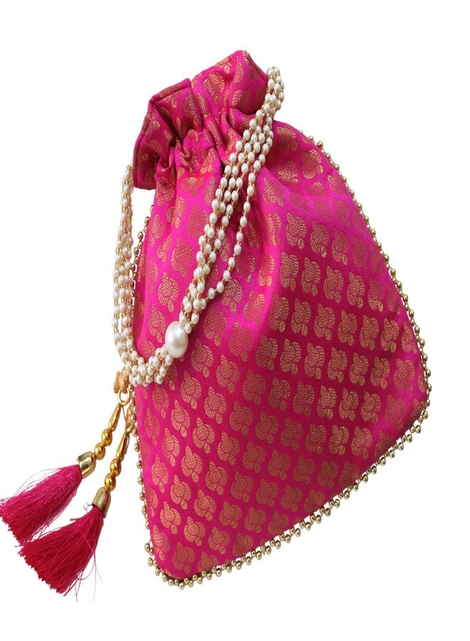 MILAN'S CREATION Brocade Potli Bag Purse With Pearl Handle Tassel Women’s Handbag Giveaways Festival (Magenta Pink) - Image 3