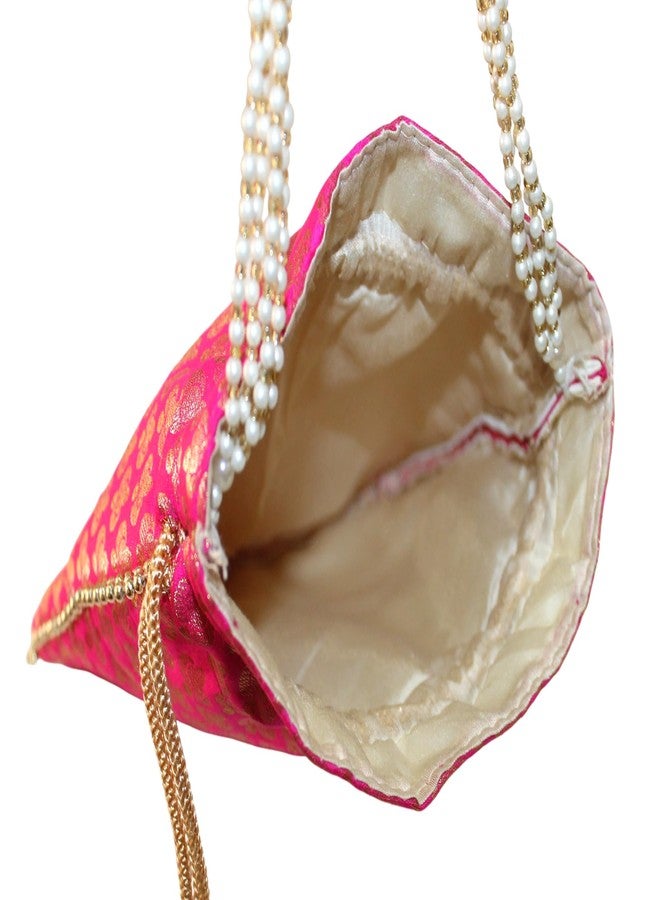 MILAN'S CREATION Brocade Potli Bag Purse With Pearl Handle Tassel Women’s Handbag Giveaways Festival (Magenta Pink) - Image 5