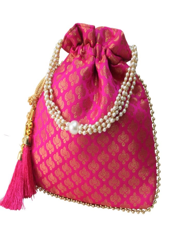 MILAN'S CREATION Brocade Potli Bag Purse With Pearl Handle Tassel Women’s Handbag Giveaways Festival (Magenta Pink) - Image 2