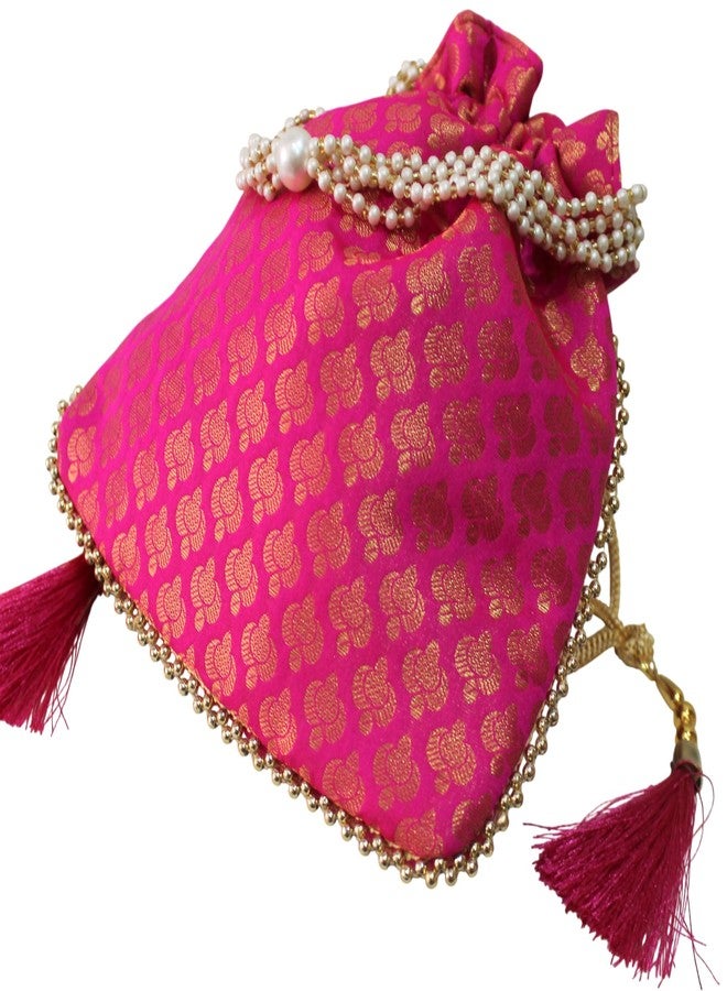MILAN'S CREATION Brocade Potli Bag Purse With Pearl Handle Tassel Women’s Handbag Giveaways Festival (Magenta Pink) - Image 4