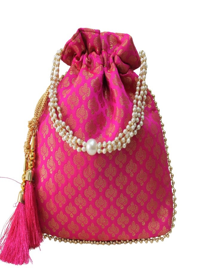 MILAN'S CREATION Brocade Potli Bag Purse With Pearl Handle Tassel Women’s Handbag Giveaways Festival (Magenta Pink) - Image 1