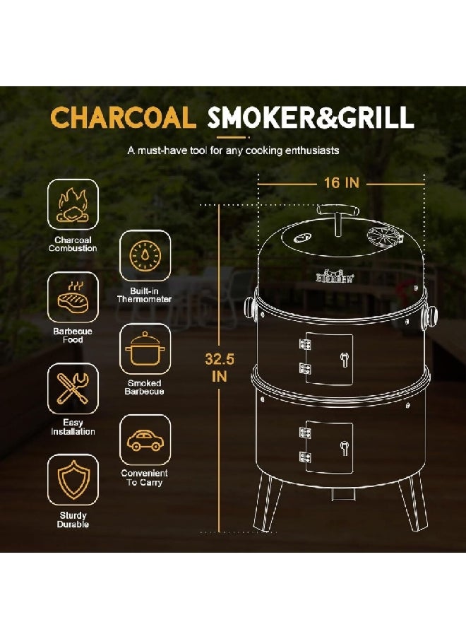 Bighorn - Smoker BBQ Charcoal Grill with Built-In Thermometer Black 16 Inch SRCG20008 - Image 1