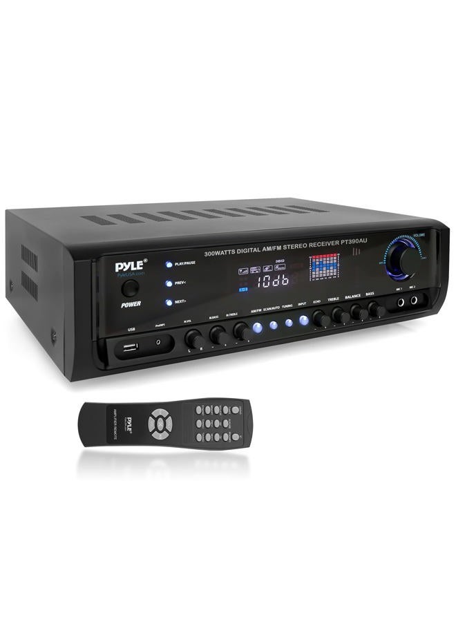 Pyle نظام مضخم الصوت المنزلي - 300 واط 4 قنوات مسرح طاقة ستيريو صوت مستقبل صندوق ترفيهي مع USB، RCA، AUX، ميكروفون مع صدى، LED، جهاز تحكم عن بعد - لمكبر الصوت، آيفون، PA، استوديو - PT390AU.5 - Image 1