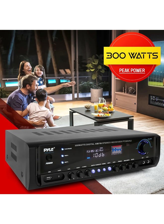 Pyle نظام مضخم الصوت المنزلي - 300 واط 4 قنوات مسرح طاقة ستيريو صوت مستقبل صندوق ترفيهي مع USB، RCA، AUX، ميكروفون مع صدى، LED، جهاز تحكم عن بعد - لمكبر الصوت، آيفون، PA، استوديو - PT390AU.5 - Image 3